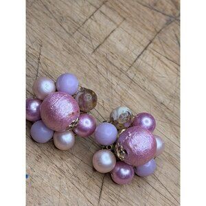 Vintage Japan Pink & Purple Multi-Bead Cluster Clip-On Earrings